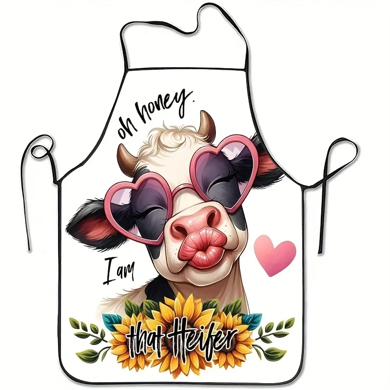 1pc Valentine'S Day Cow Pattern Apron With Heart-Shaped Glasses And Smiling Face - Cute Cow Print Kitchen Apron Printed With 