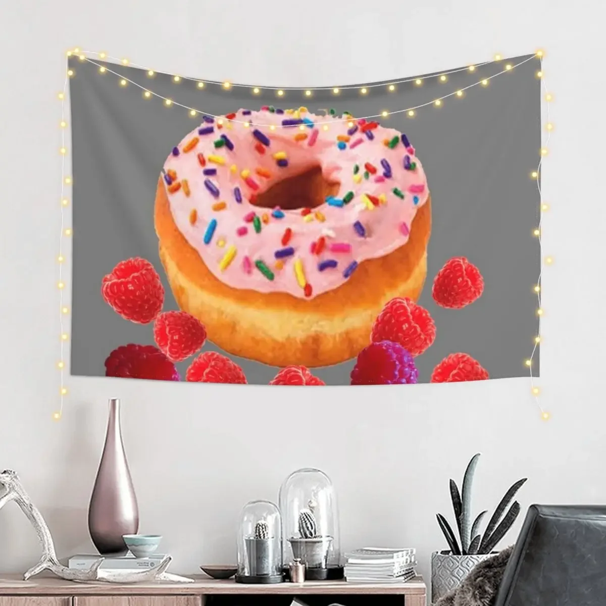 PINK DONUT PASTRY & RED RASPBERRIES Tapestry Home Decoration Home Decorating Decoration For Home Tapestry