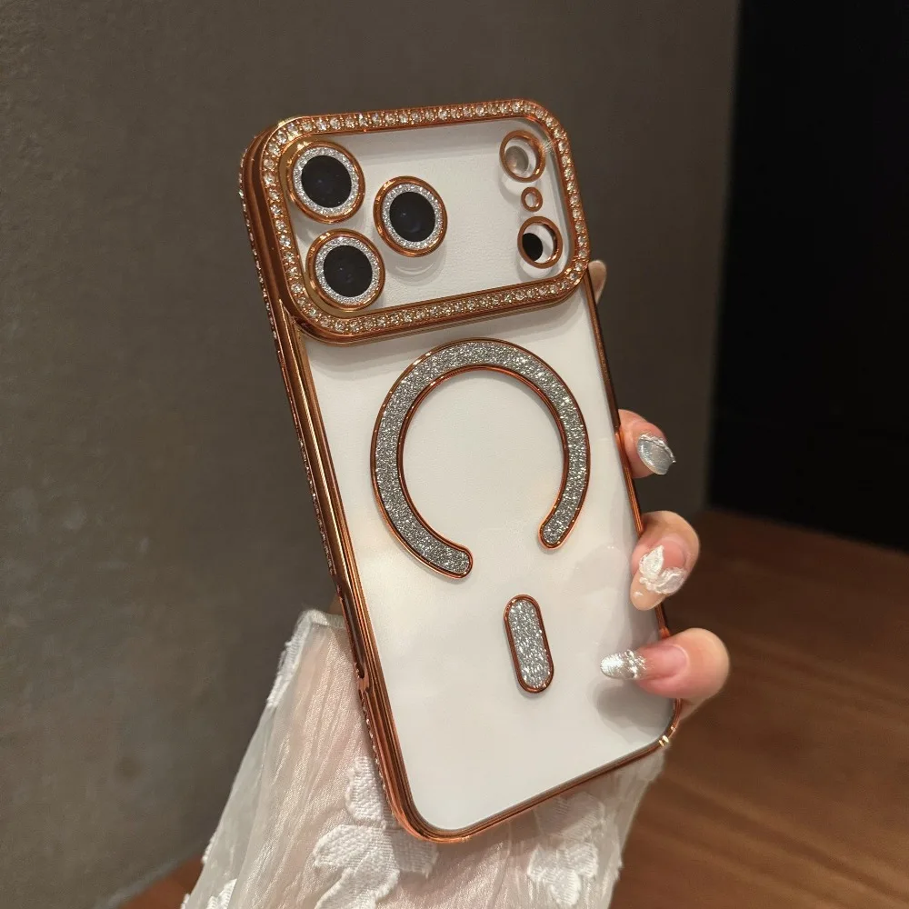 Coque transparente à strass scintillants pour iPhone 18 17 16 15 14 13 Pro Max avec protection magnétique de l'appareil photo et antichoc