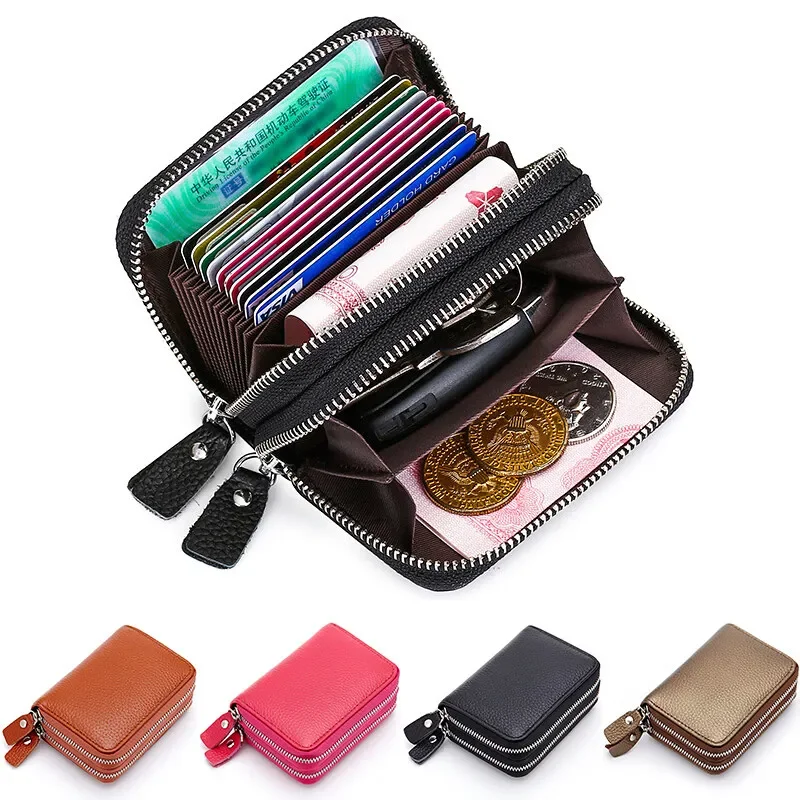Double Zipper Credit Card Holder Wallet Genuine Leather RFID Womens and Mens Clutch Purse Key Small Change Card Bag