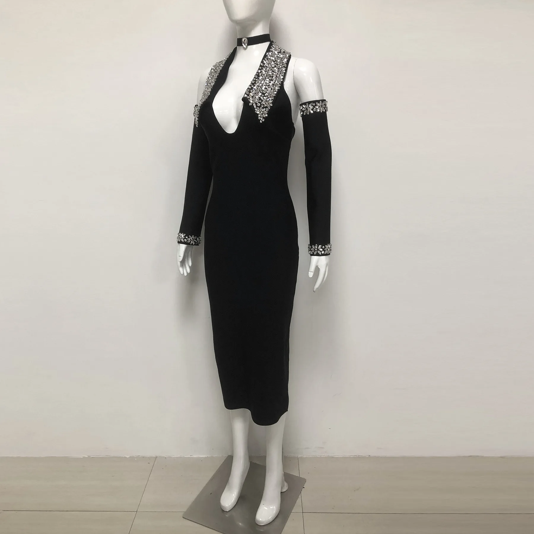 2026 Vrouwen Sexy Mouwloze Mesh Uitgesneden Zwarte Midi Bodycon Jurk Verjaardagsfeestje Kostuum Bar Nachtclub Stage Performance Kleding