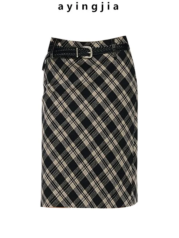 

Ретро-юбка в корейском стиле из твида в клетку, средней длины, женская, облегающая, осенне-зимняя, универсальная, шерстяная юбка-карандаш