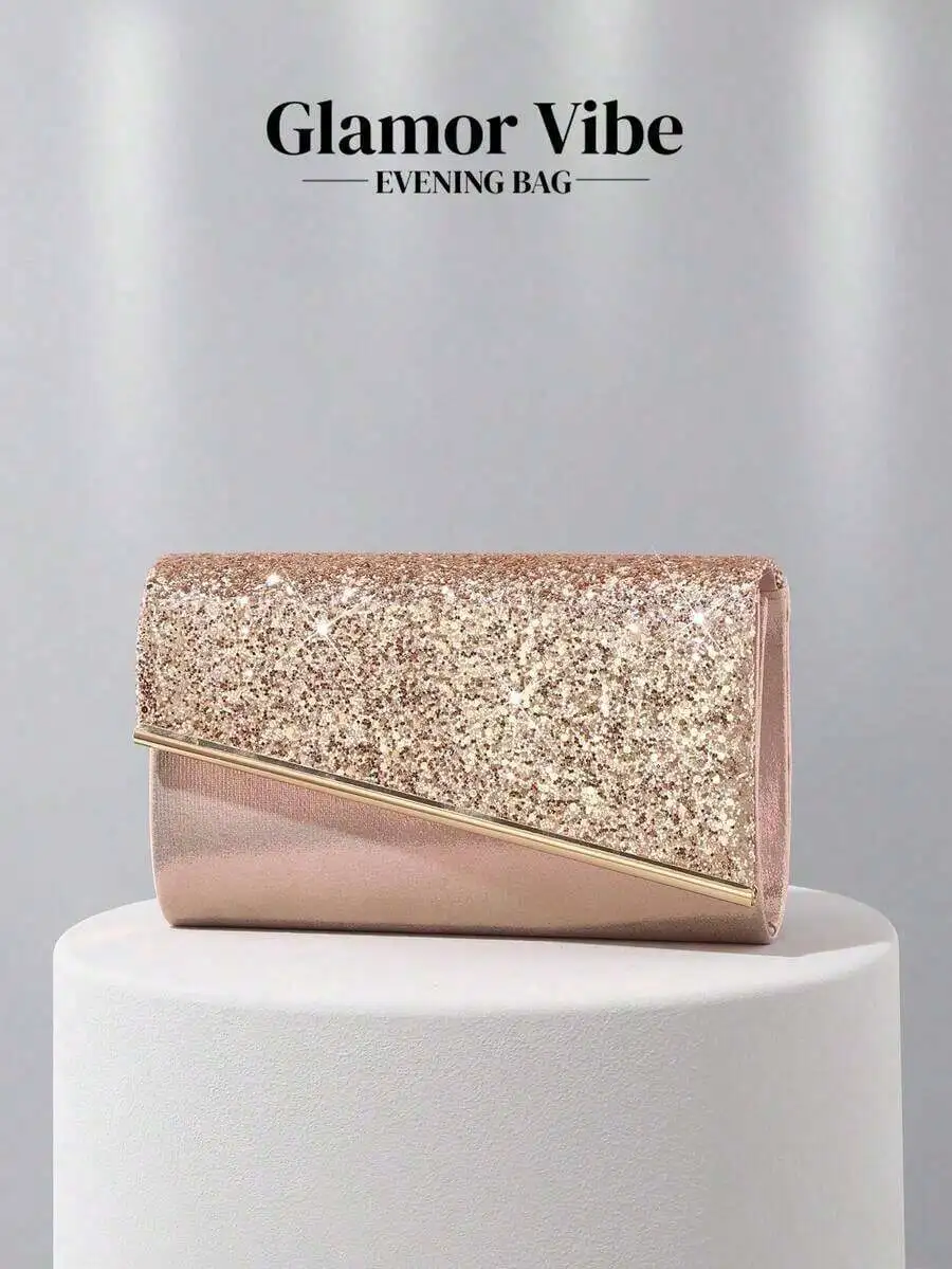 

Rose Gold Glitter Clutch Bag With Metallic Flap For Evening Party Wedding Banquet Dress Accessory