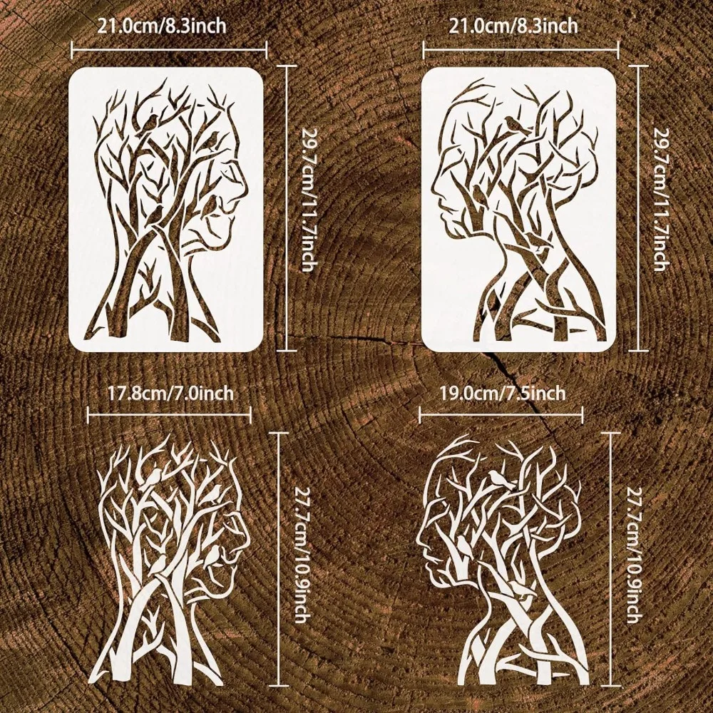 2PCS Tree of Life Stencil 11.7x8.3 inch Man Woman Painting Stencil Branch Bird Craft Stencils Human Shape Tree Stencil Template