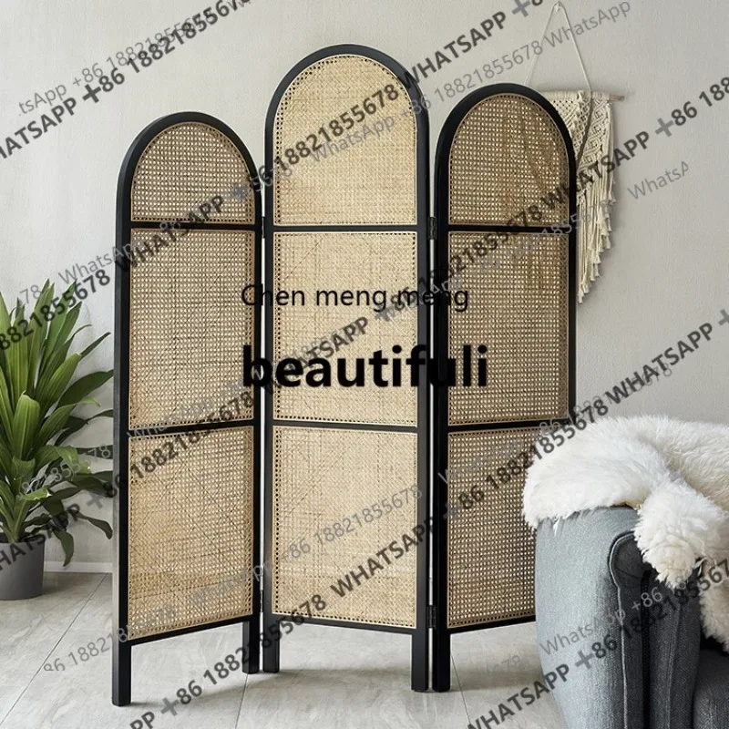 Solid wood rattan screen creative partition wall movable folding folding screen, small apartment simple seat screen