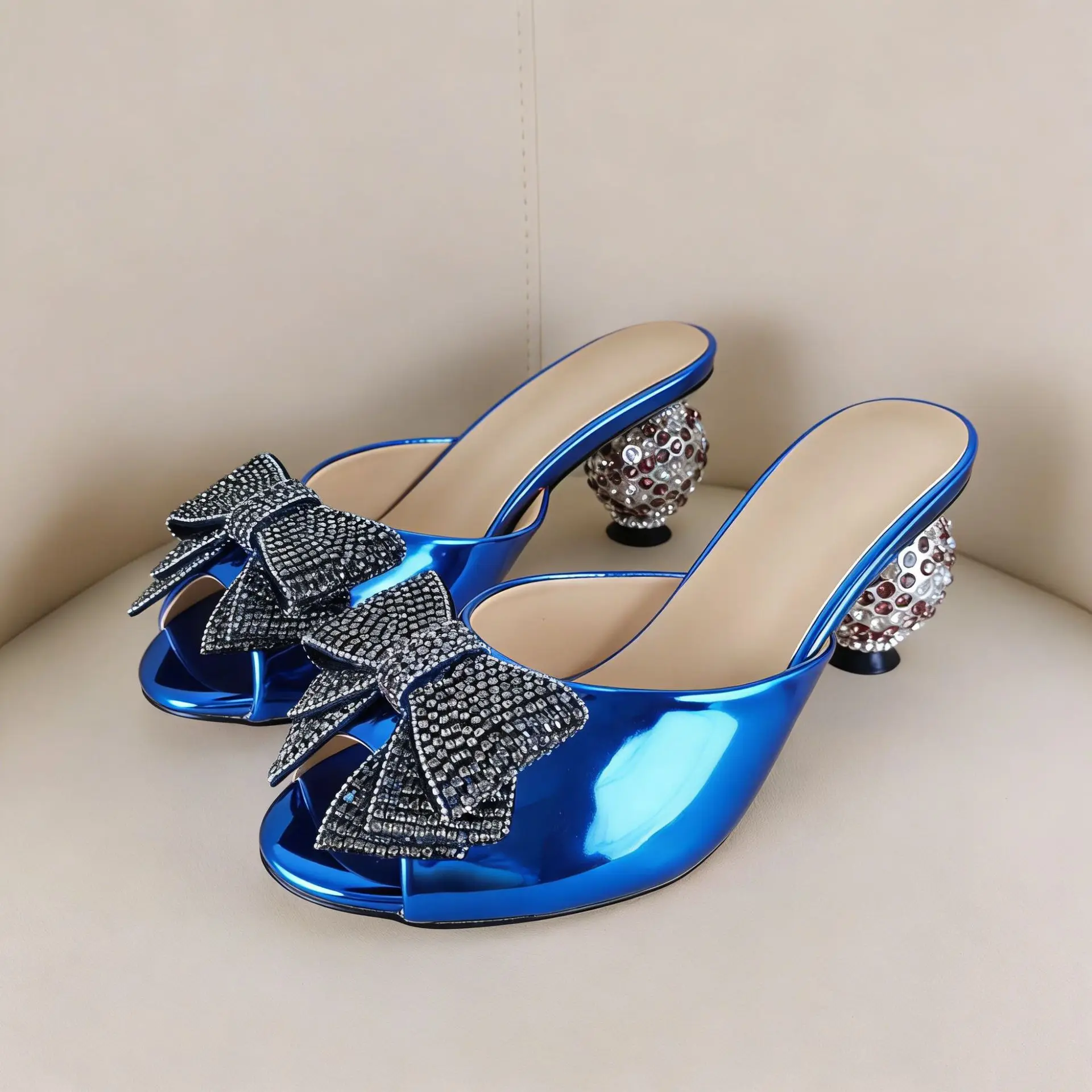 Women's Rhineston Bow Knots Slippers Peep Toe Patent Leather Mules Crystal Ball Heel Summer Shoes High Heel Modern Slippers