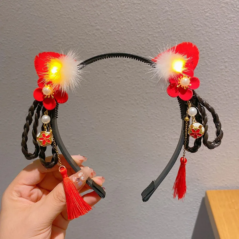 

Fashion LED Glowing Hanfu Wig Headband Pigtail Wig Pearl Flower Tassel Hairband Red Bow Chinese Style Hair Hoop Tang Suit