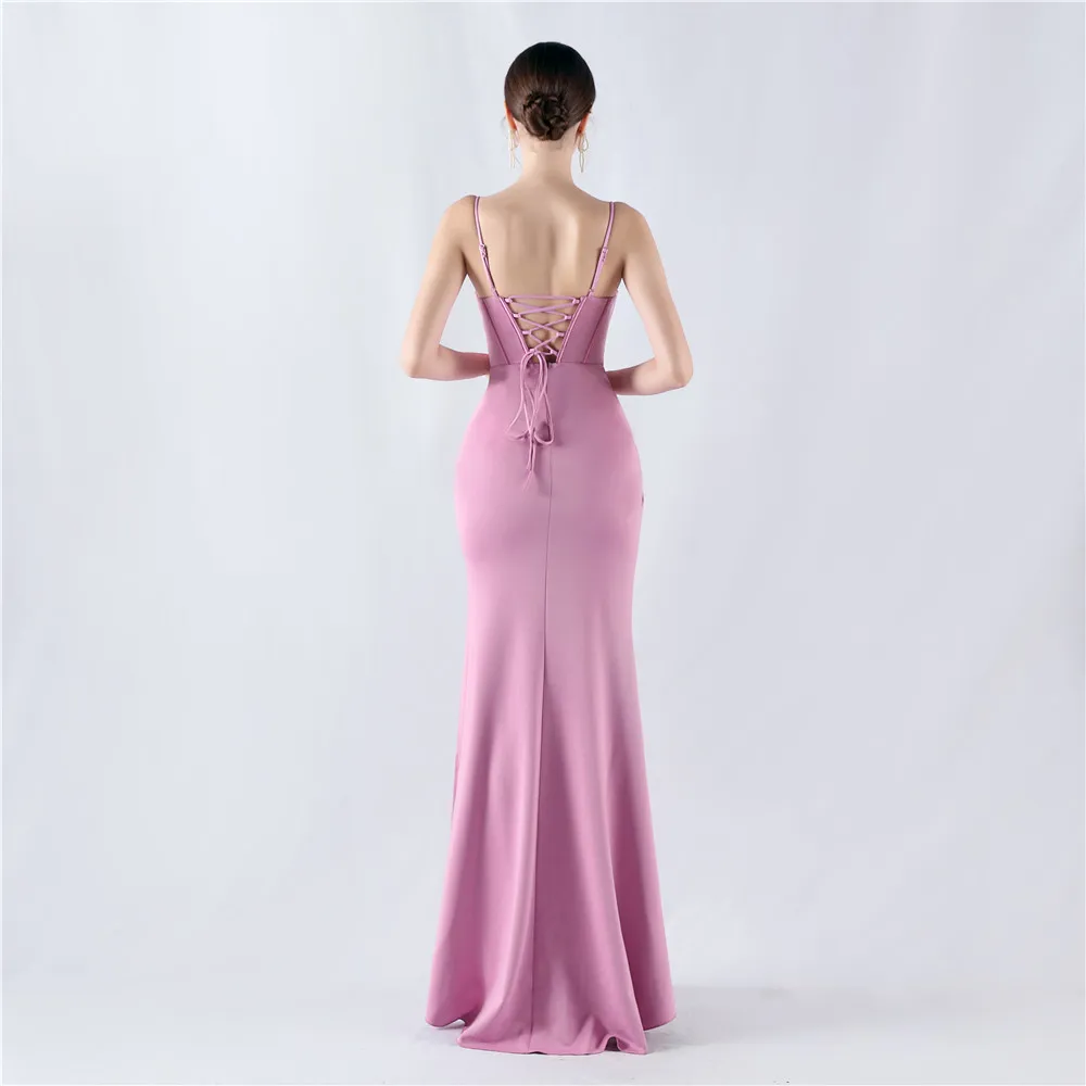 DEERVEADO 8 Candy Colors Women\'s Strap Evening Dress Long Mermaid Slit Soft Satin Wedding Party Dresses Prom Gown Formal Dress