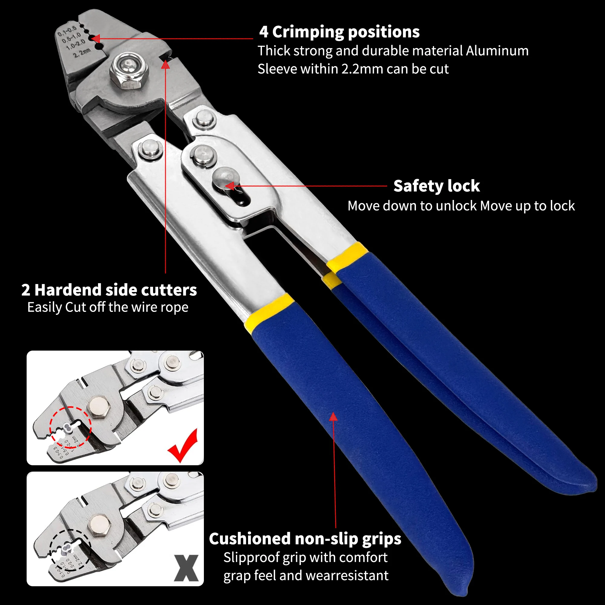 Wire Rope Crimping Pliers Aluminum Ferrules-Accommodates Crimper Tool for Loop Sleeves and Swaging Crimper Tool Kit Clamp