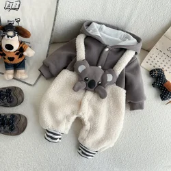 2025 Winter New in Kids Baby Boys Thicken Plush Warm Cartoon Koara Patchwork Jumpsuits , Toddler Infant Clothing 0-24M