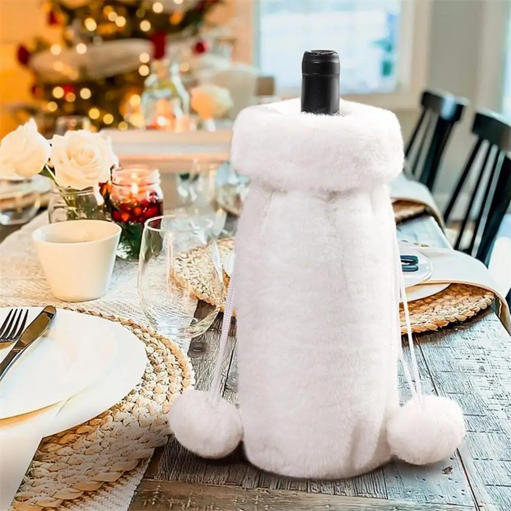 Unique Holiday Wine Bottle Covers Festive Faux Fur Wine Bottle Covers for Christmas Party Decor Plush Drawstring Sleeves