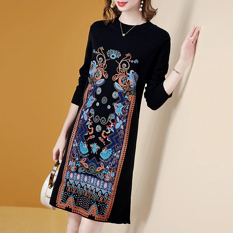 Autumn Winter Vintage Elegant Loose Knitted Dress Women Clothing Fashion Jacquard Knee Length Dress