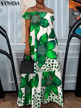 Plus Size 5XL VONDA Bohemian Long Dress Women Floral Printed Summer Maxi Vestido Off Shouder Short Sleeve Ruffled Beach Sundress