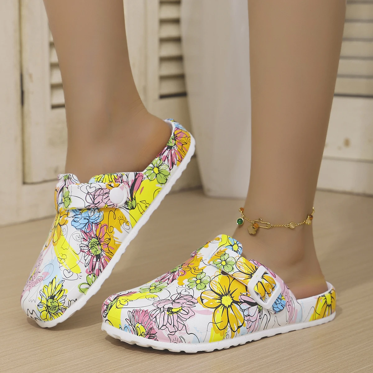 Neue Slip-On-Sandalen für Damen, modischer künstlerischer Chrysanthemen-Druck, bequemer und langlebiger Keilabsatz mit verschleißfestem Desi – Detail 5