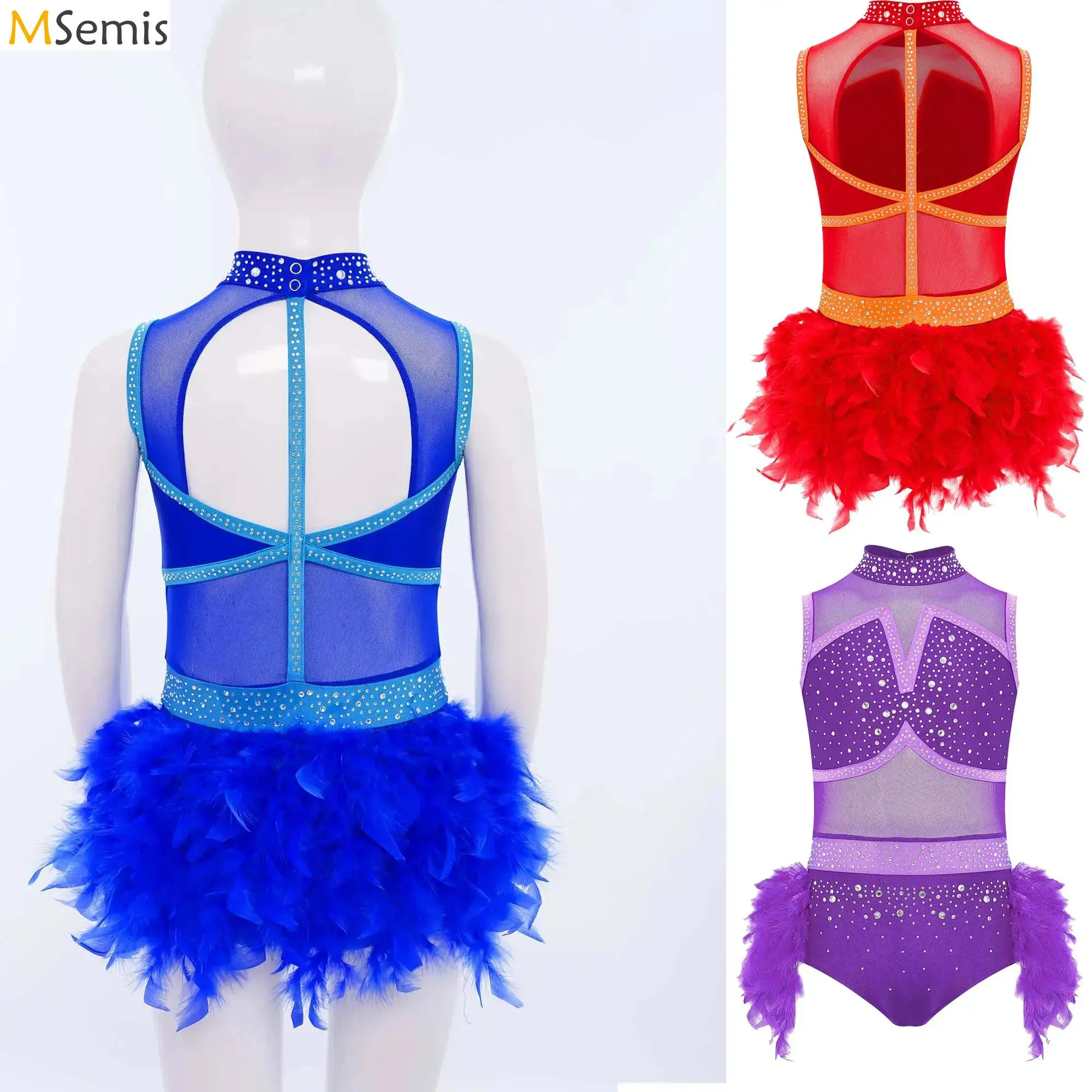 Kids Girls Jazz Latin Dance Leotard Dress Performance Costume Halter Sparkly Feather Tulle Skirted Bodysuit Sleeveless Dancewear