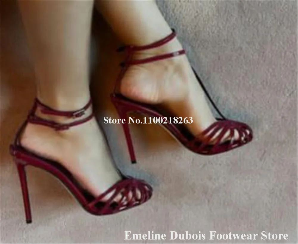 T-strap Caged Sandals Emeline Dubois Newest Sexy Women Round Toe Thin Bands Cross Stiletto Heel Gladiator Sandals Dress Heels