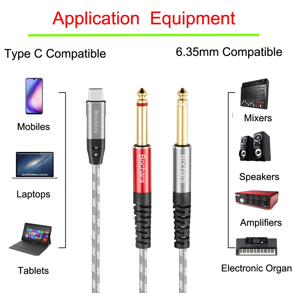 Bochara Braided Type C to Dual 6.35mm Jack OFC Audio Output Cable Built-in DAC IC Chipset 24bit@48KHz Foil+Braided Shielded