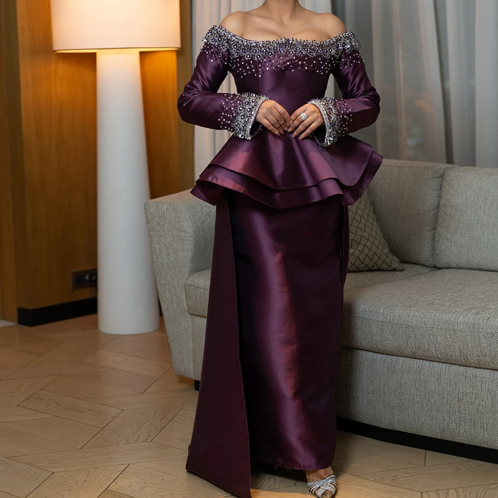 

Customized Mermaid Evening Dresses Floor-length Off The Shoulder Full Sleeve Prom Gown Fashion Crystal Simple Draped Party Gown