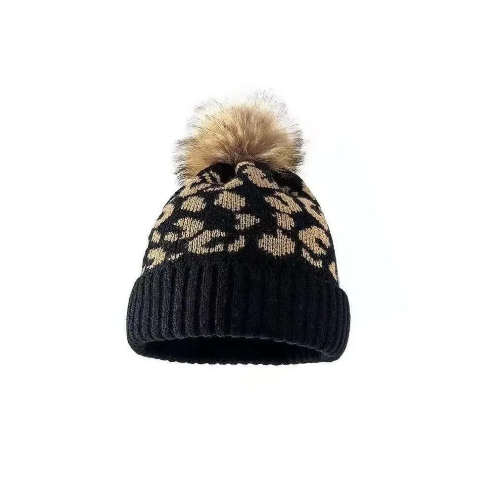 Fashion Hat Hat Leopard Cap Print Curly Hem Hairball Knitted Hat women's Outdoor Warm Thick men's Woolen