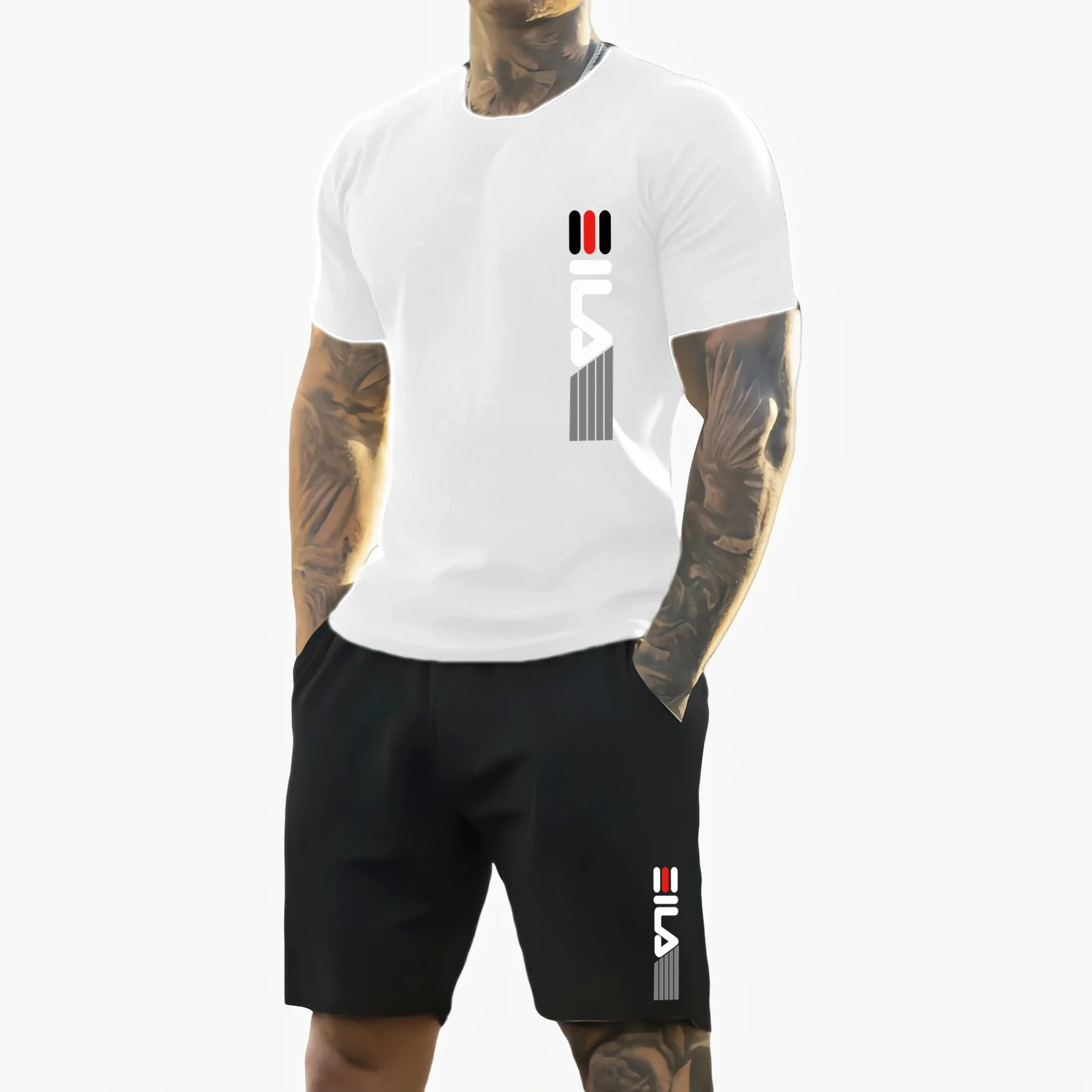 Męski letni zestaw sportowy na rok 2025, modny, oddychający, na zewnątrz, męski T-shirt z krótkim rękawem + szorty treningowe, dwuczęściowy komplet.