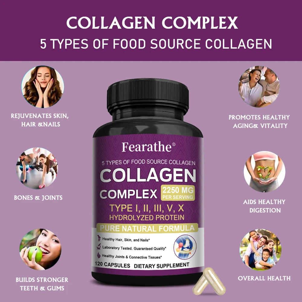 Multi-Collagen Peptides - Types I, II, III, V, X - Hydrolyzed Protein Supplement for Joint, Hair, Skin and Nail Health