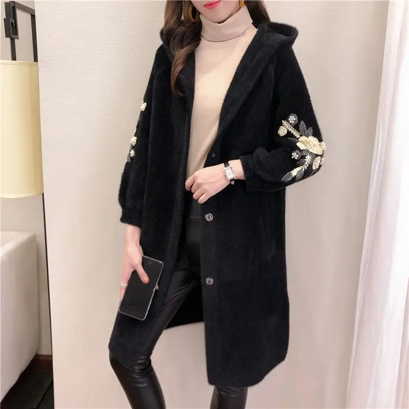 

2022Women Jacket Autumn Winter New Fashion Imitate Mink Velvet Coat Female Mid Long Hooded Thick Warm Woolen Coat Outerwear Tops