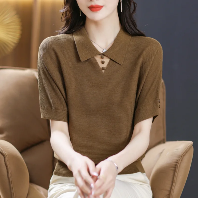 Korean Women Summer Short Sleeve Knitted Polo Shirts Fashion Casual Loose Ice Silk Solid Thin Simple New All-match Pullover Tops