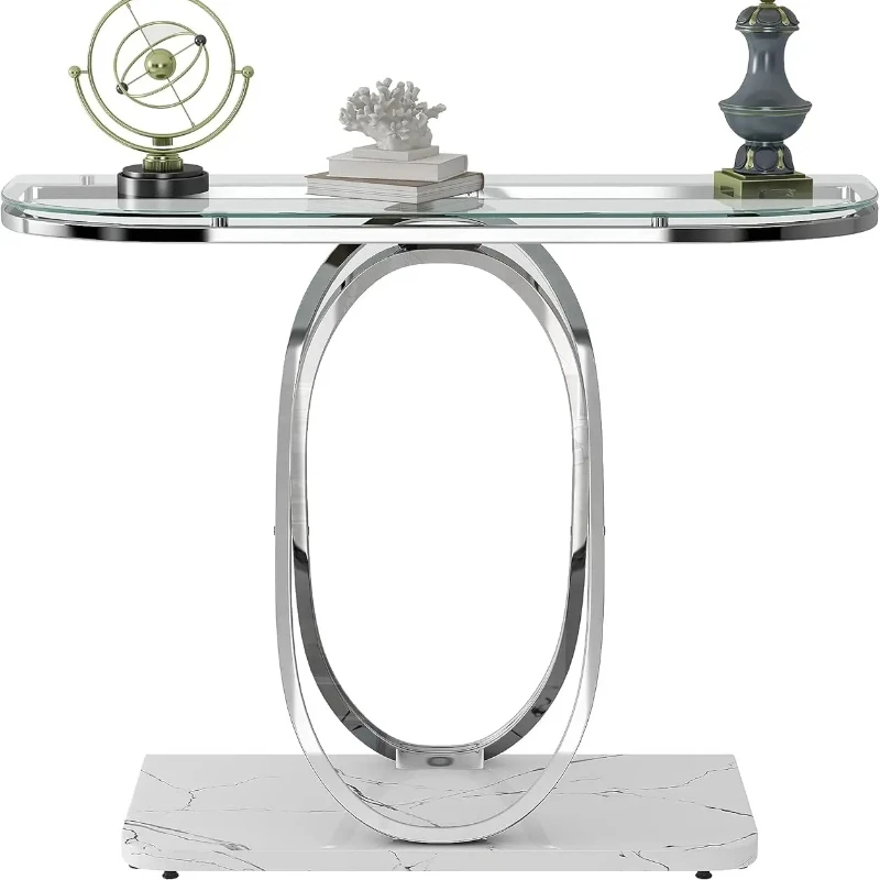 

Glass Console Tables for Entryway,Silver Entryway Table with Oval Frames and Marble Base,Chrome Entrance Table Gla