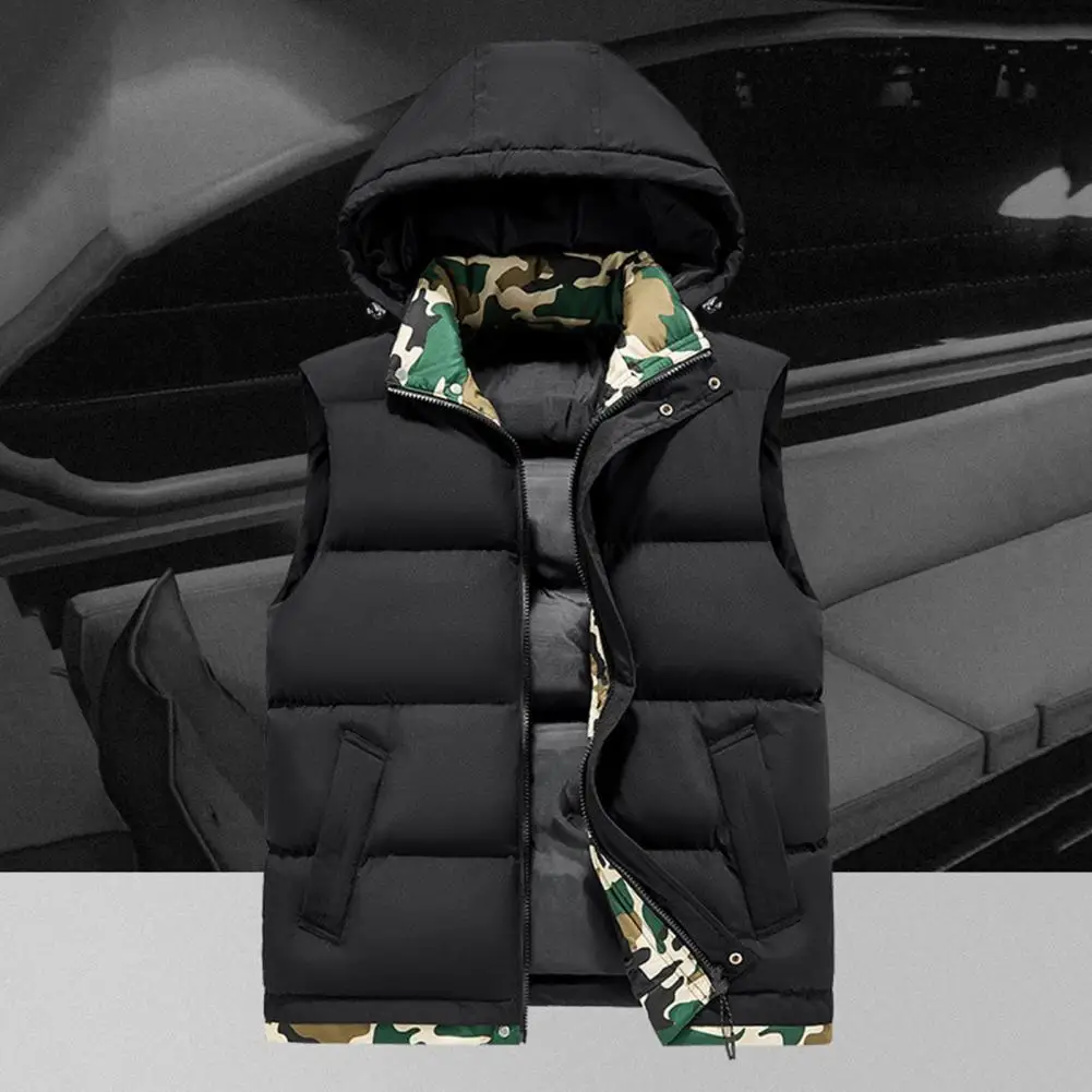 Autumn Men Vest Men's Camouflage Hooded Vest with Stand Collar Windproof Design Zipper Closure Sleeveless Winter Waistcoat