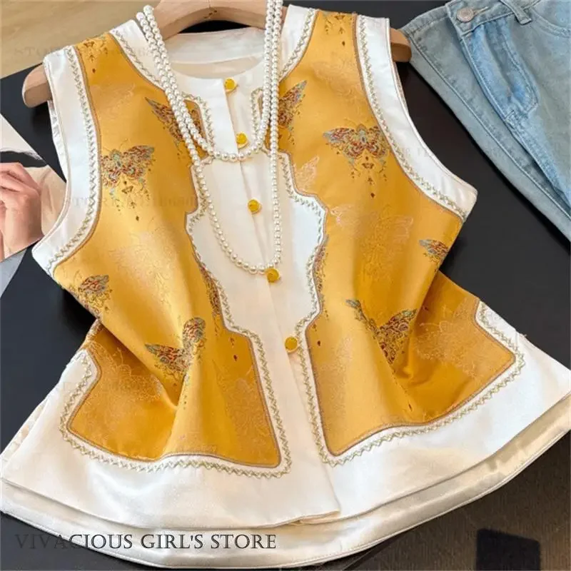 

Retro Jacquard Butterfly Qipao Vest Hanfu Waistcoat Lady Chinese Style Tang Costume Top Tradition Blouse Jacket Outwear Big Size