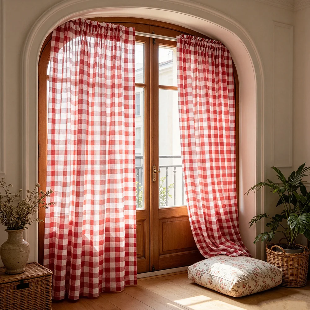 Red White Plaid Semi Sheer Window Drapes Check Curtain Panels for Living Room Kitchen Bedroom Sliding Door Christmas Decor