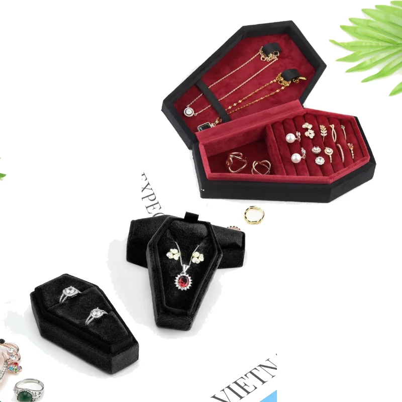 

Velvets Jewelry Storage Box Coffin Shape Ring Necklace Earring Box Display Cases Desktop Decoration Jewelry Organizer