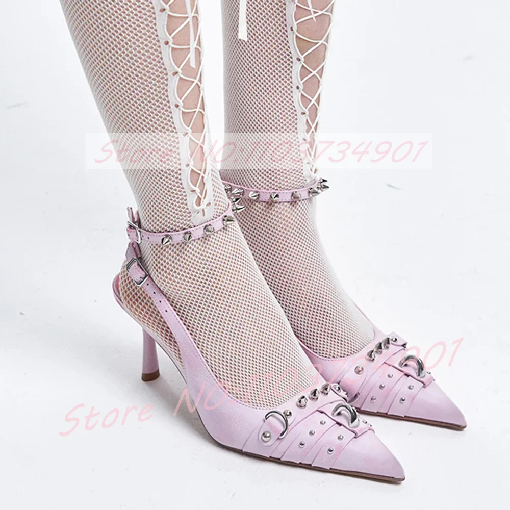 Silver Spikes Slingback Stiletto Heels Sandals Women Sexy Pink Leather Buckle Ankle Strap Pointed Toe Sandals Feminine Footwear