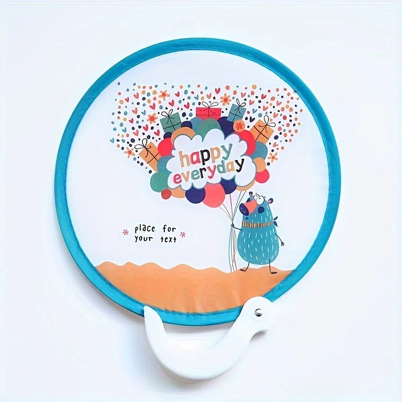 pc Portable Folding Fan With Handle, Cartoon Mini Round Fan, Plastic Summer Accessory, Fancy Style For Creative Party Gift,