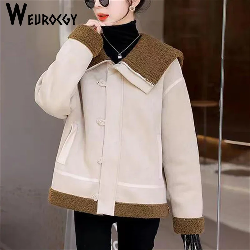 

Lamb Wool Women's Jacket 2024 Winter Casual Loose Thickening Versatile Short Vintage Navy Collar With Plush Thick Cotton Jacket