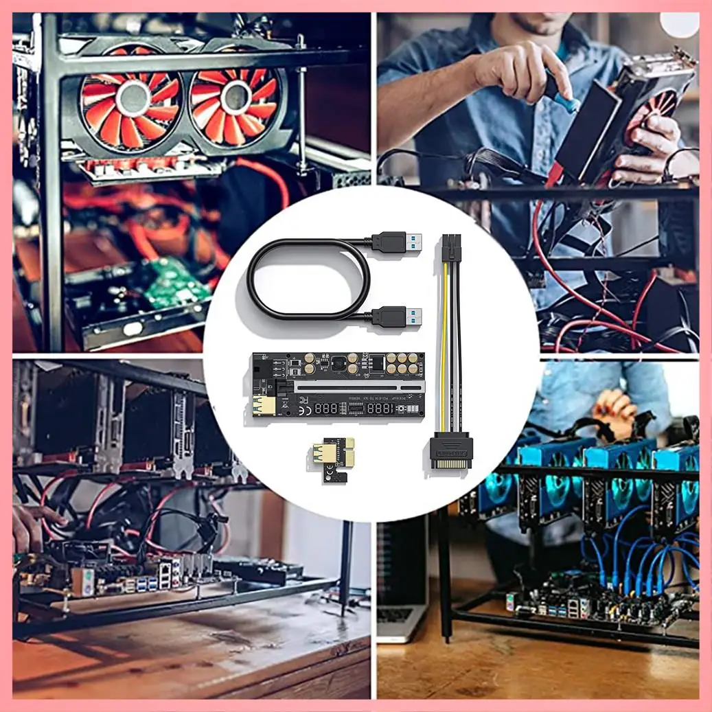 

N91R-для BTC Miner VER016 PCI-E 1X до 16X USB3.0 Riser Card с 10 конденсаторами Дисплей температуры/напряжения + щиток