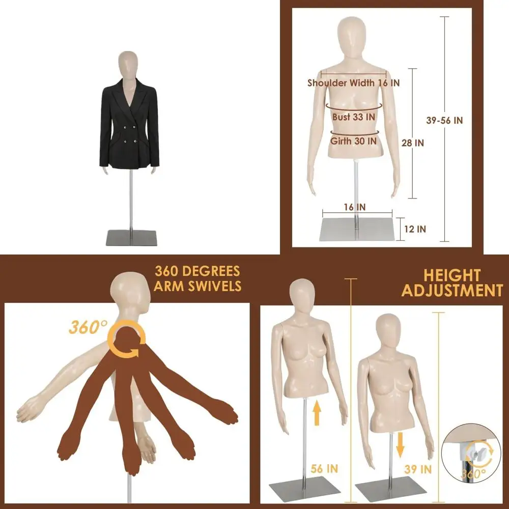 

Adjustable Female Mannequin for Sewing, Clothing Design, and Display, 39-56, Natural Color with Stand