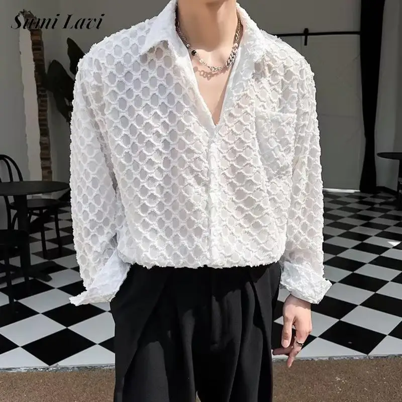 

Новая повседневная клетчатая текстурированная сетчатая рубашка с кисточками для мужчин 2026, весенняя модная мужская рубашка с лацканами на пуговицах, осенние рубашки с длинными рукавами