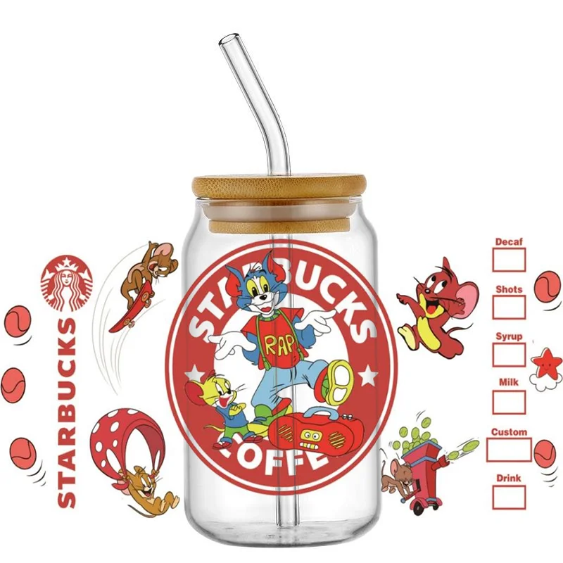Miniso jerry and Tom Design 16OZ UV DTF Cup Wrap Transfer Sticker Custom Label DIY Durable Waterproof Logo For Libbey Glass