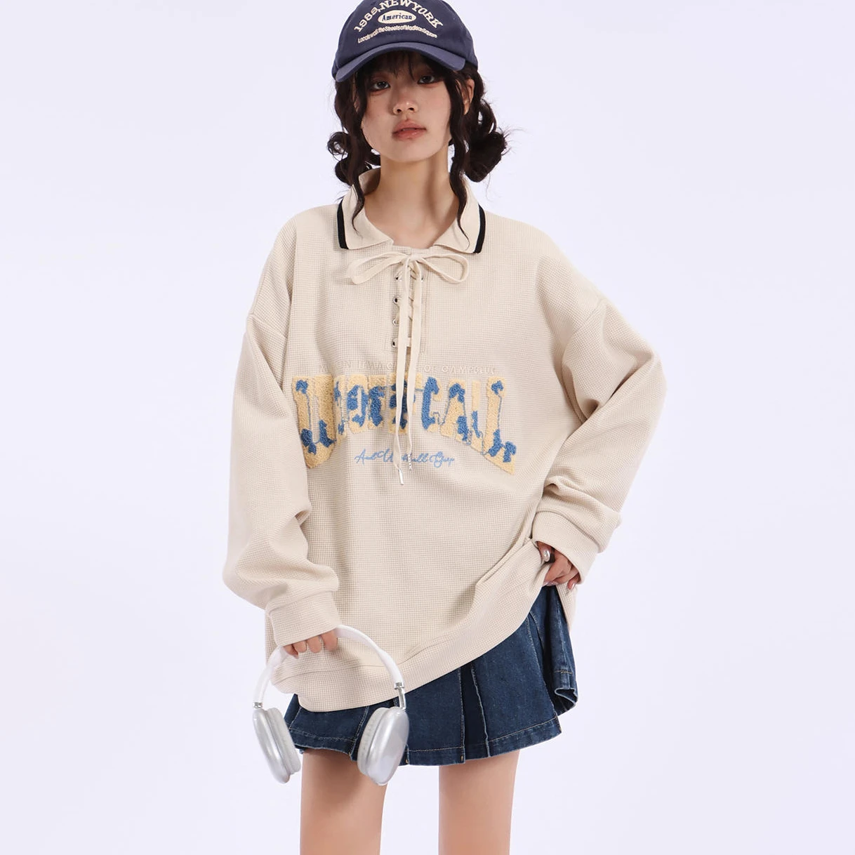 Vintage Hoodies Women Letter Embroidery Loose Casual Tops Streetwear Lace-up Chic Female Sweatshirts Autumn Design Youthful Cozy