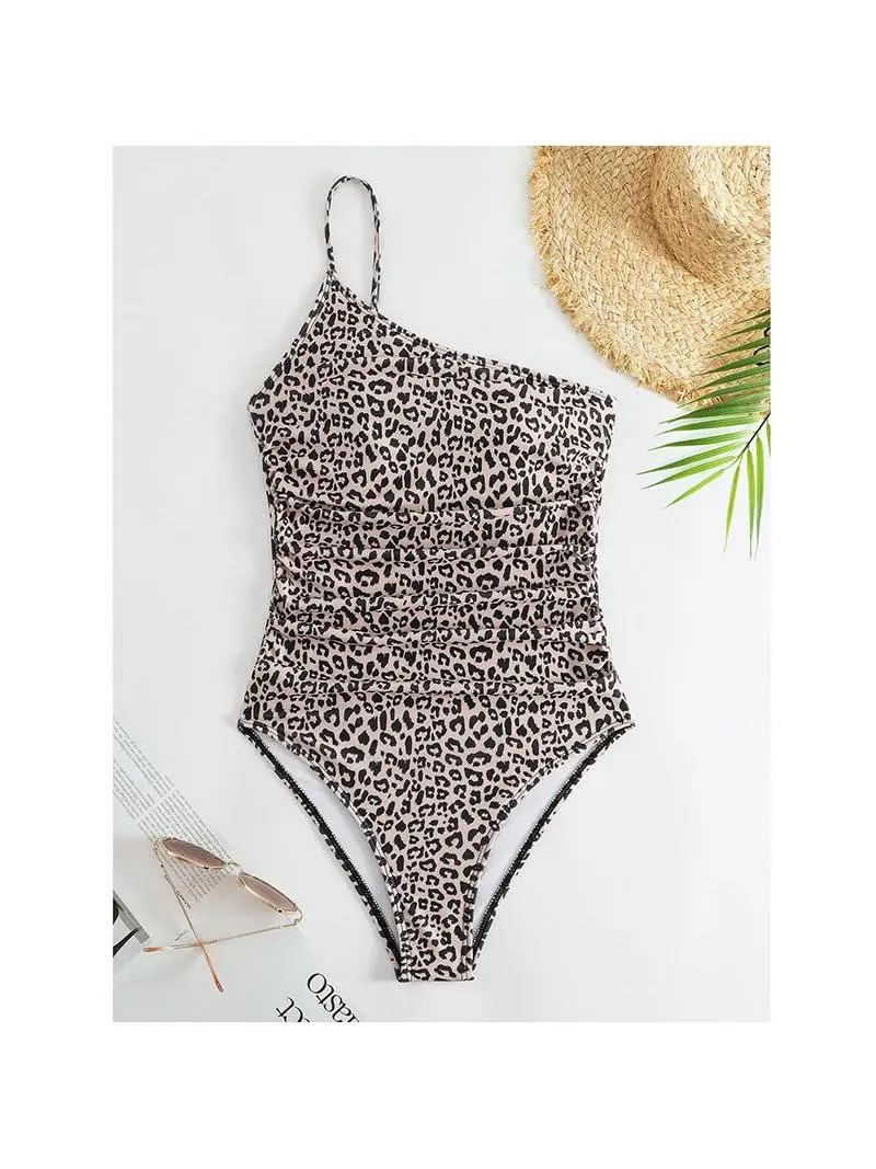 

Sexy Leopard Print One oulder Swimsuit Qui Dry Polyester Fabric Swimming Water Sports Casual Surfing Swimsuit