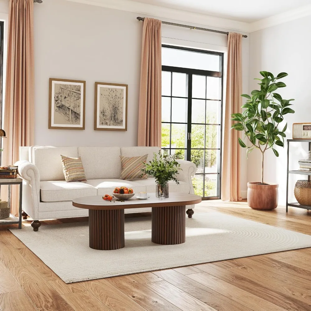 طاولة قهوة بيضاوية الفلوت، طاولة قهوة خشبية للمزرعة، طاولة مركزية حديثة من القرون الوسطى، طاولة غرفة المعيشة البوهيمية