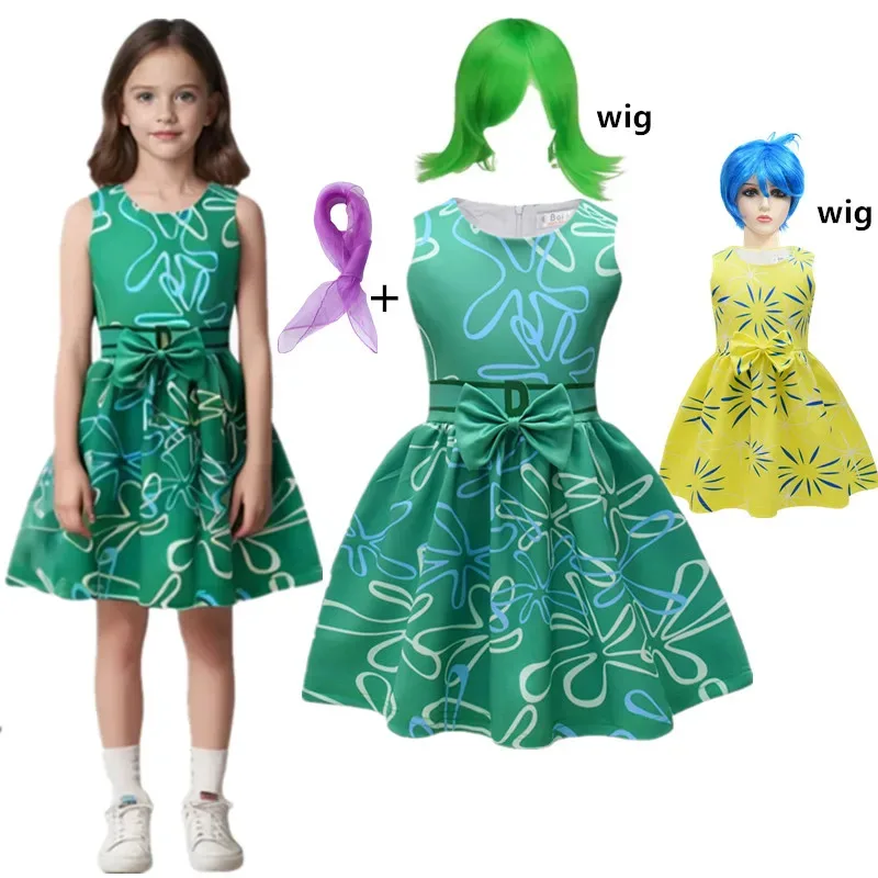 

Movie i-Inside-Out 2 Girls Dress Joy Disgust Cosplay Costume for Kids Toddler Girls bow Dress Wig Suits Halloween Party Vestido