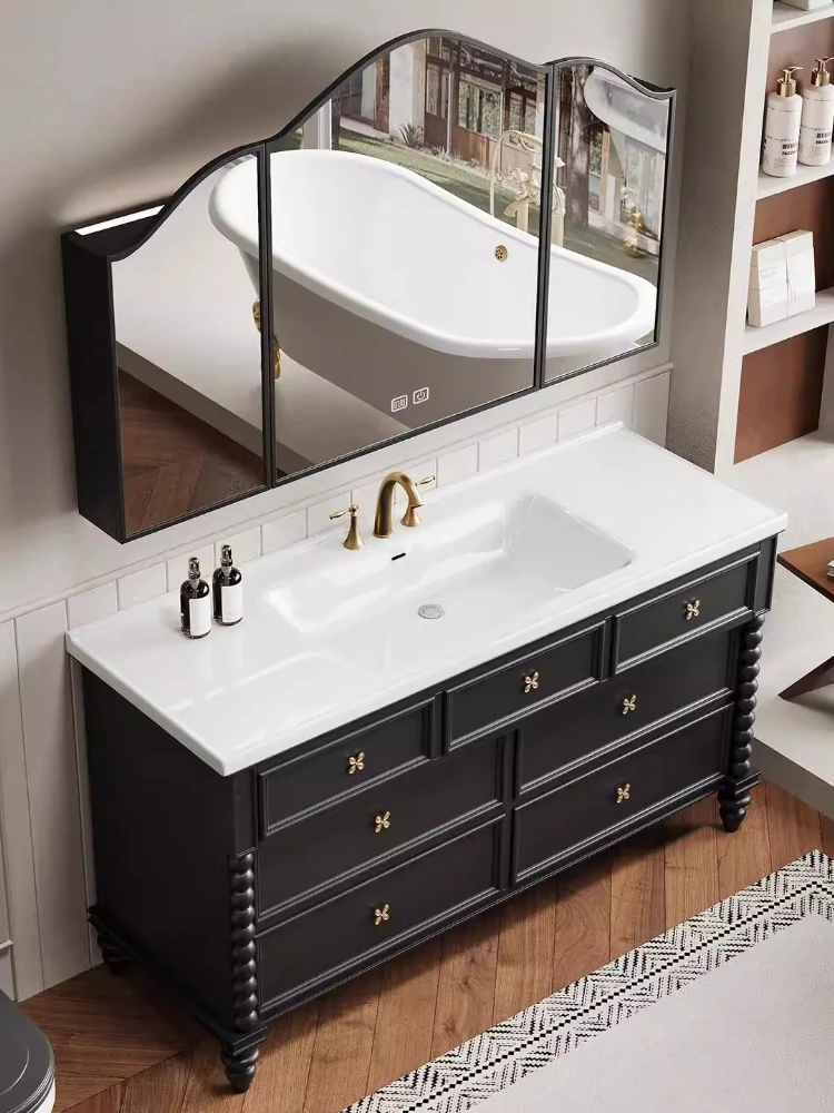 

American vintage oak bathroom cabinet combination French vintage vanity basin floor cabinet