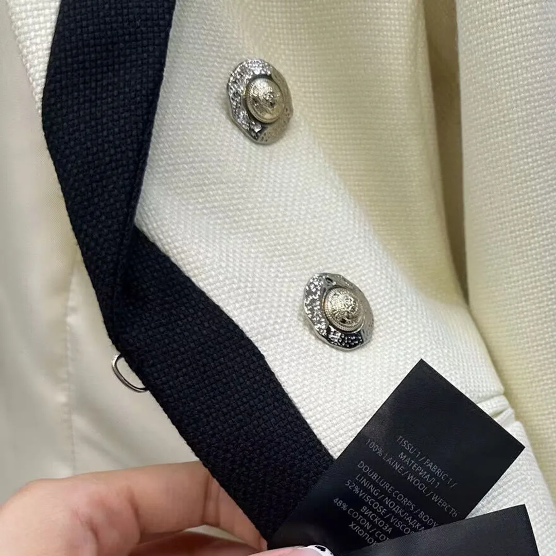 2025 New Autumn Fashion Meltal Double Breasted Blazer Jacket Women Preppy Style Stripe Line Notched Long Sleeve Slim Suit Coat