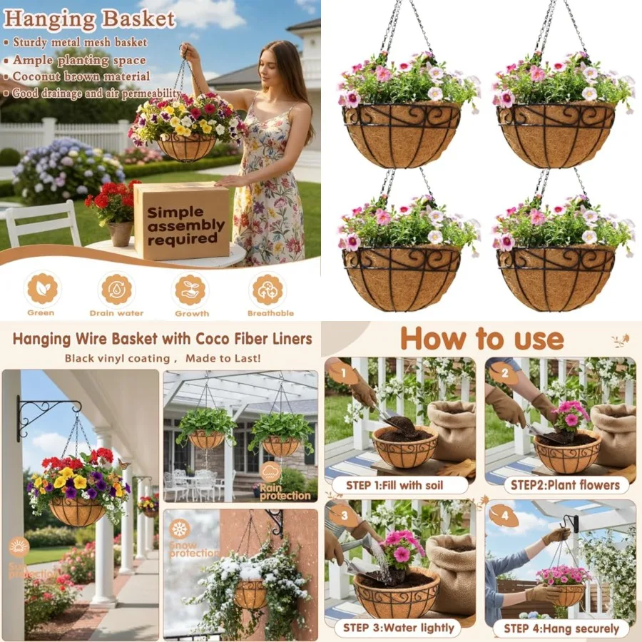 

Metal Hanging Baskets For Plants Outdoor 4 Pack Round Metal Wire Hanging Basket Planter with Coco Fiber Liners Chain Round Wire