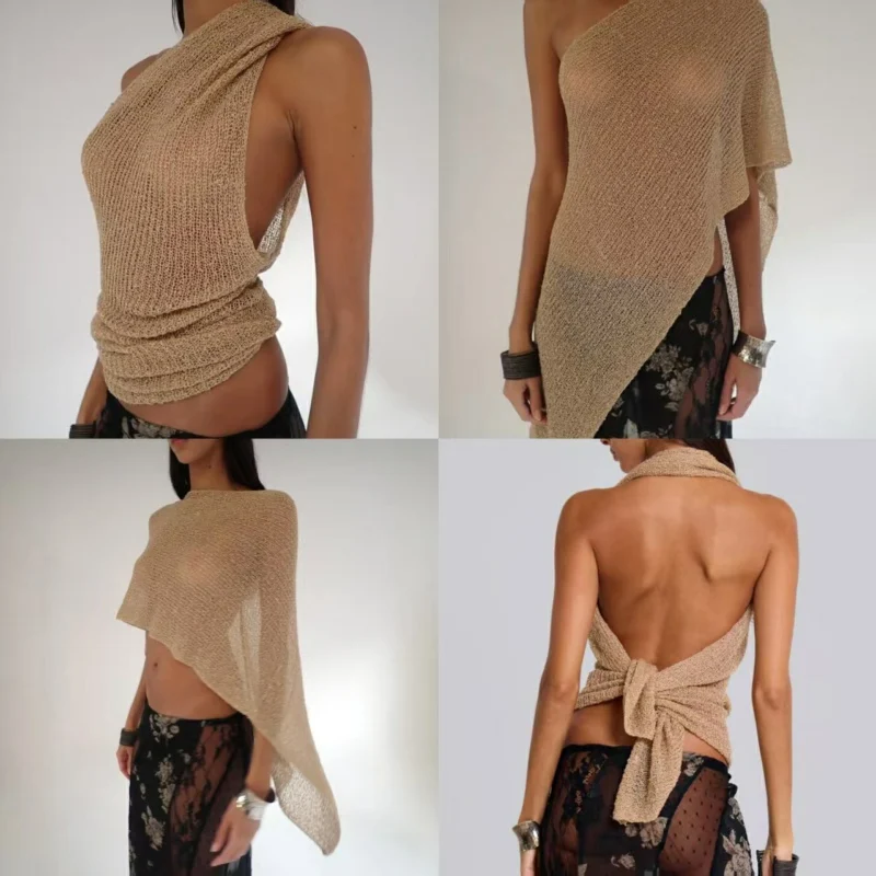 Knitted Cover Up Tops Asymmetrical Crop Top Multi Wear Halter Top Women Off Shoulder Shawl Holiday Cape Summer Loose Pullover