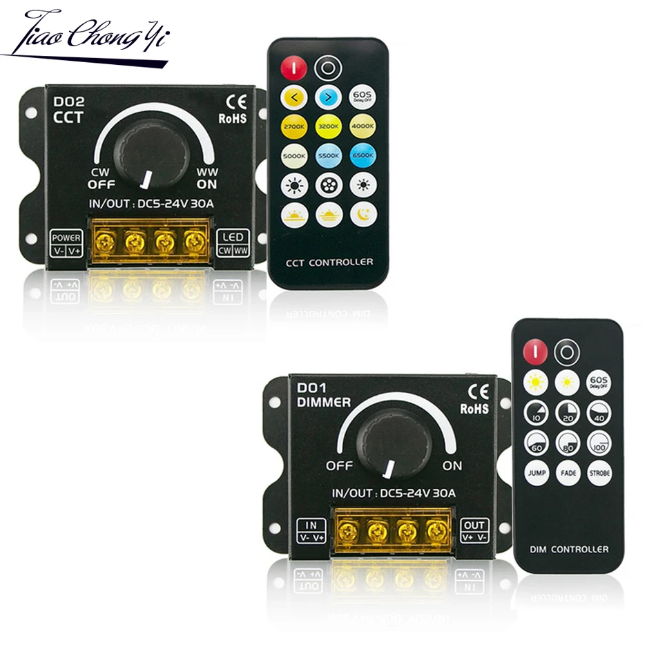 

5-24V 30A LED Strip Light Knob Dimmer Switch with Wireless RF Remote for 5630 5050 Single color CCT Tape Lights Stepless Dimming