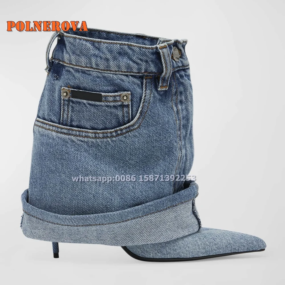 

Denim Pant Loop Trouser Boots Pointed Toe Stiletto Heel Turned-Over Edge Street Style Ankle Boots 2024 Autumn Newest Modern Boot