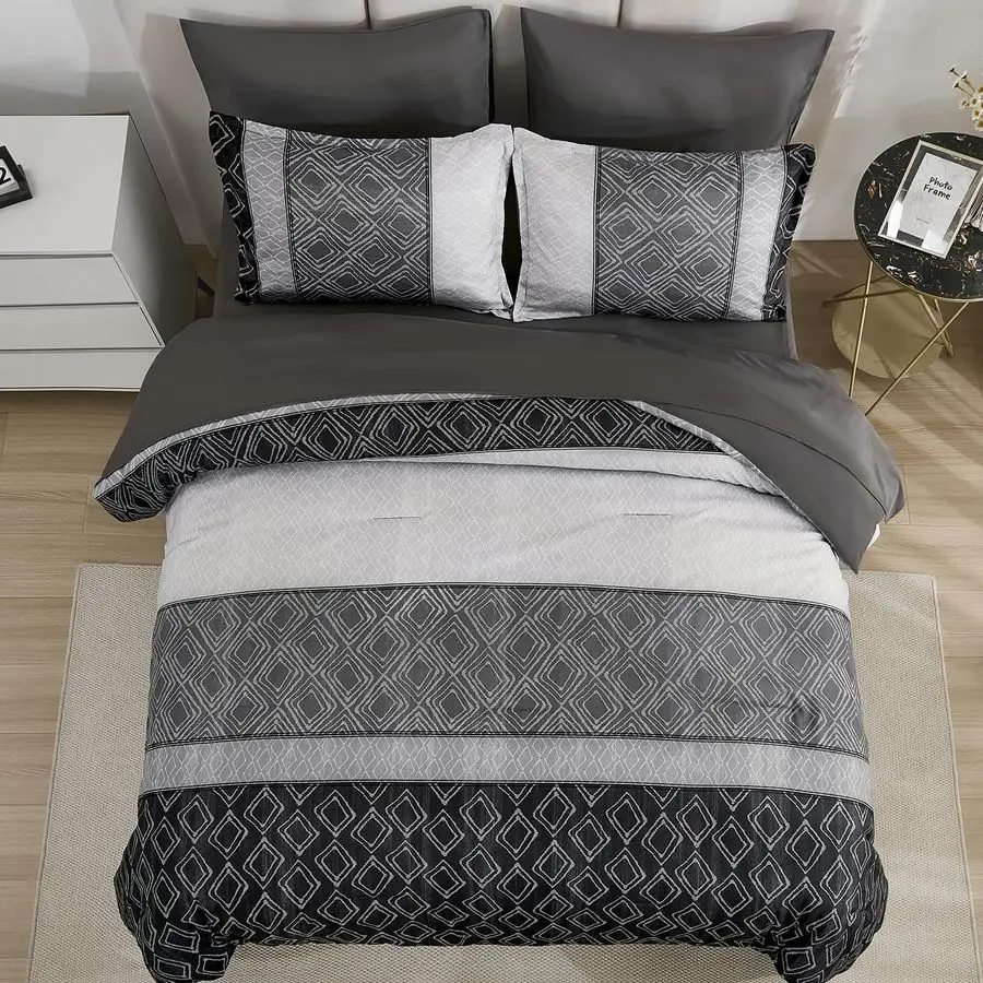 

Комплект постельного белья Queen Comforter Set Dark Gray Boho, мягкий 7-предметный набор для кровати Queen Size, черные комплекты постельного белья с полосатыми одеялами и клетчатым узором.